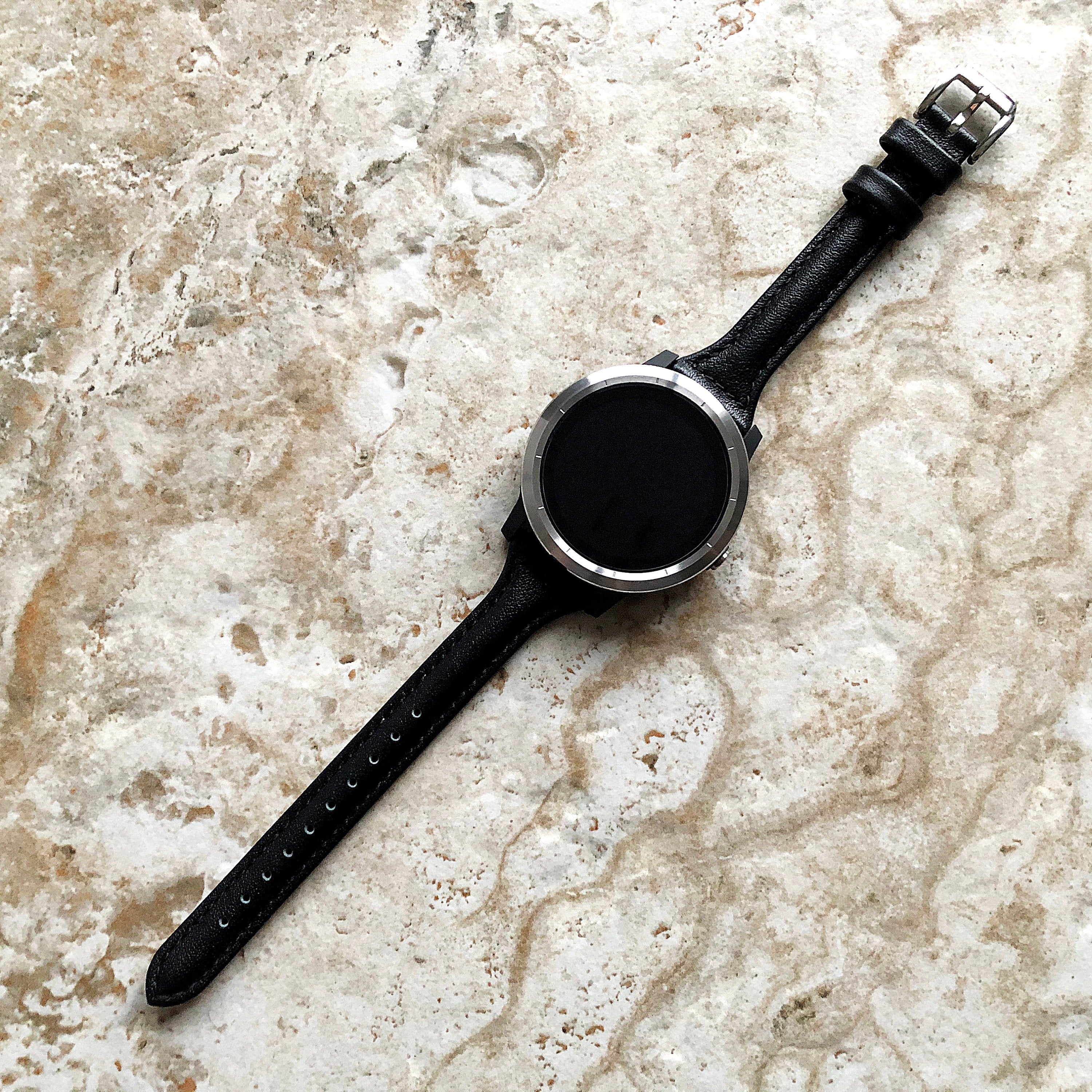 Garmin Black Elegant Band for Vivoactive 5 3 and Music (Verizon) Slim Leather with Stitches Bracelet Strap Cuff Wristband Quick Release B20